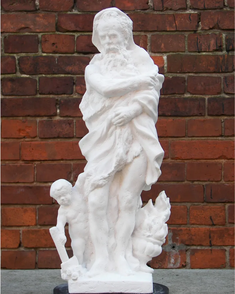 Figur des Winters mit Feuer und kleinem Jungen